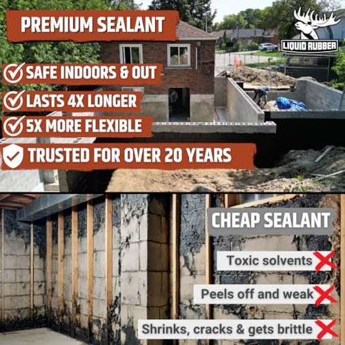 Liquid Rubber Basement and Foundation Repair Sealant - Waterproof Concrete Sealer & Crack Filler - Flexible Coating for Indoor & Outdoor Use - Waterproofing Paint - Black, 3.78 Litres