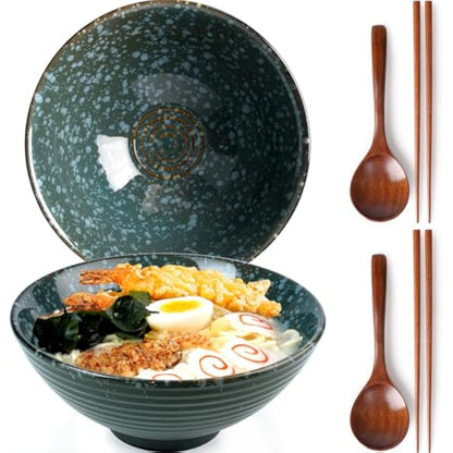 NUTRIUPS 1200ml Ceramic Ramen Bowl Set of 2 Noodle Bowls with Chopsticks and Spoons (Emerald)