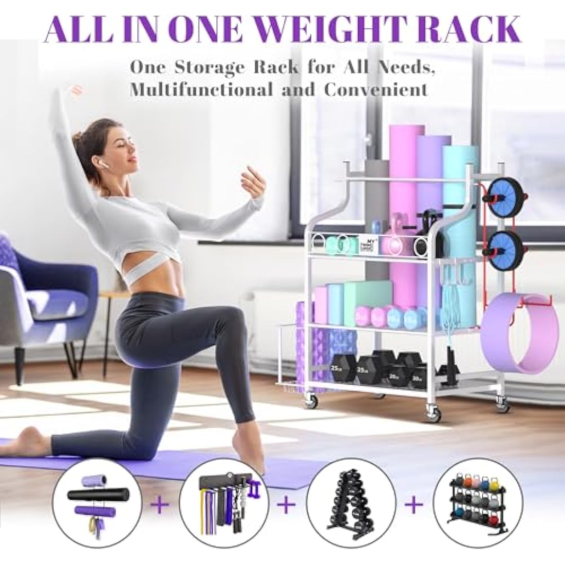 Mythinglogic Dumbbell rack-Yoga Mat weight rack-Home Gym Storage Rack for Dumbbells Kettlebells, Foam Roller, Yoga Strap, Resistance Bands - Workout Equipment Storage Organizer with Hooks and Wheels