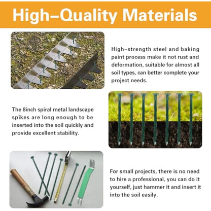 Bakulyor 100 Pack Metal Landscape Stakes, 8 Inch Artificial Grass Spikes, 6 Gauge Large Landscaping Staples, Green Edging Anchor Stake for Garden Ground Grass Lawn Paver Timber Border Weed Barrier 8"