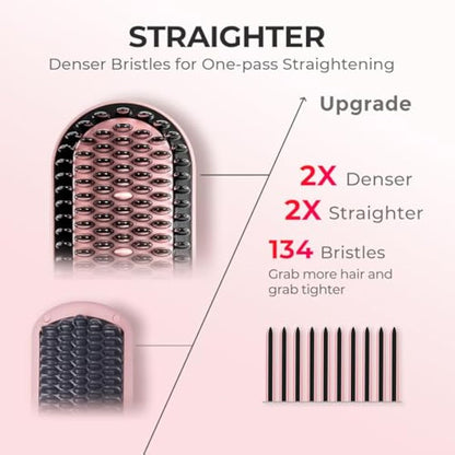 TYMO Ionic Plus Hair Straightener Brush UK, Upgraded Straightening Brush with Dense Bristles for Thick Hair, 16 Temps (80℃~230℃) LED Display, 10 Million ions, Dual Voltage, Hot Brush for Women (Pink)