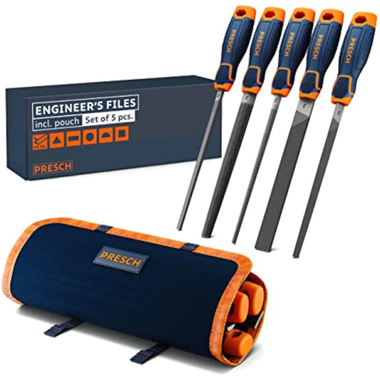 Presch File Set 5 pcs with Bag - High Quality Metal File Set incl. Flat File, Half Round File, Round File, Triangular File and Square File - Professional Metal File Set for Steel - Metal Files Set