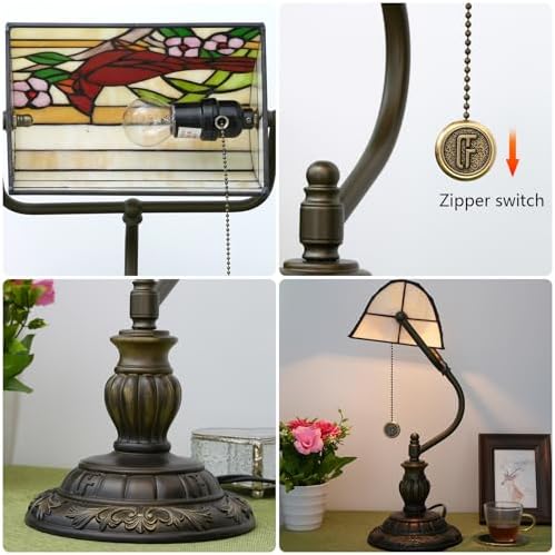 Blivuself Northern Cardinal Bird Tiffany Bankers Desk Lamp Stained Glass Table Lamp Vintage Bedroom Bedside Office Study Pull Chain Reading Desk Light Gift Nightstand Aesthetic Antique Desklamp