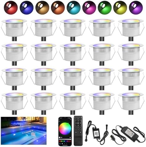 INDARUN RGBW WiFi Led Decking Lights Waterproof IP67 Ø31MM 12V - Led Plinth Light Kits for Terrace/Patio/Path/Garden/Decoration, 20 Packs
