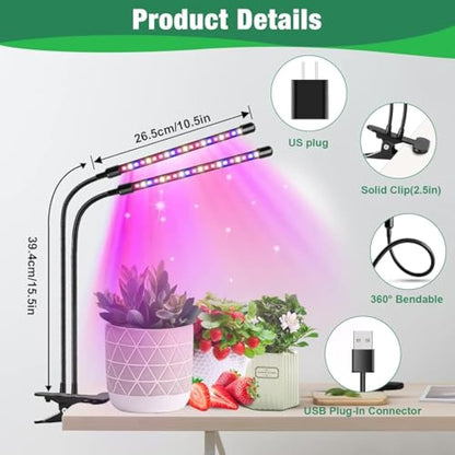 Garpsen Led Grow Lights Full Spectrum, 2 Pack 2 Heads Grow Lights for Indoor Plants, 80 LEDs Clip Plant Light for Seedings, with Auto ON/Off 6/12/16H Timer, 5 Dimmable Levels (460nm/660nm/3000K)