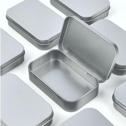 VansenKunda 6 Pack Metal Storage Tins with Hinged Lids Silver Rectangular Organiser Boxes