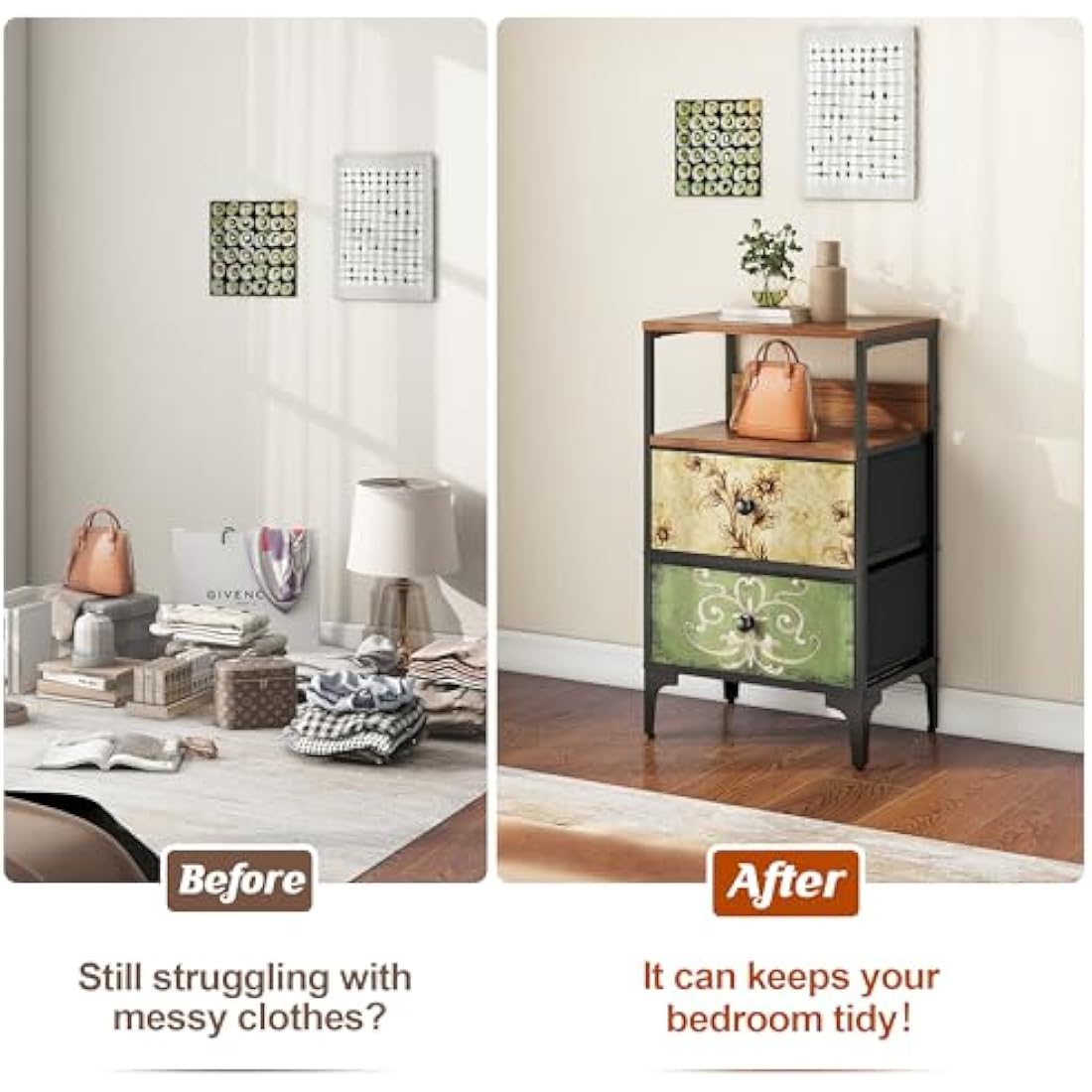 LYNCOHOME Bedside Tables set of 2,Bed Side Table for Bedroom, Nightstand with 2 Storage Fabric Drawers and Metal Frame for Bedroom,Living Room