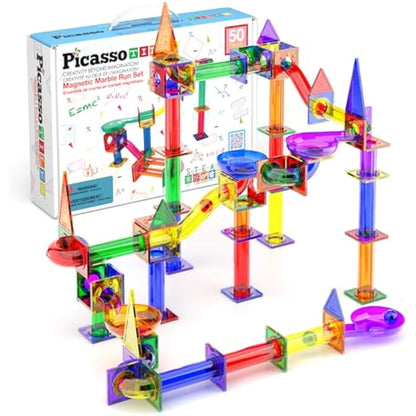 PicassoTiles Magnetic Marble Run Marbles for Kids Race Track Toy Set Marble Maze Sensory Toys for Toddlers STEM Educational Magnet Building Blocks Construction Building Tiles Boys Girls 3+