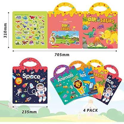 GUYUCOM 4 Pack Reusable Sticker Books, Toys for Age 3 4+ Year Old Kids Boys Girls Toddlers, 3D Clear Animal Space Vehicles Dinosaur Sticker Book Educational Learning Toy Birthday Gifts