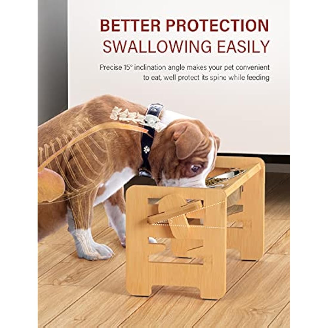 Vantic Raised Dog Bowls with Stand, 6 Heights Adjustable Bamboo Dog Feeding Station with 2 Stainless Steel Bowls, 17cm High