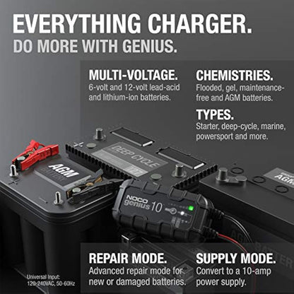 NOCO GENIUS10: 10A 6V/12V Smart Battery Charger – Automatic Maintainer, Trickle Charger & Desulfator with Overcharge Protection & Temperature Compensation – For Lead-Acid & Lithium Batteries