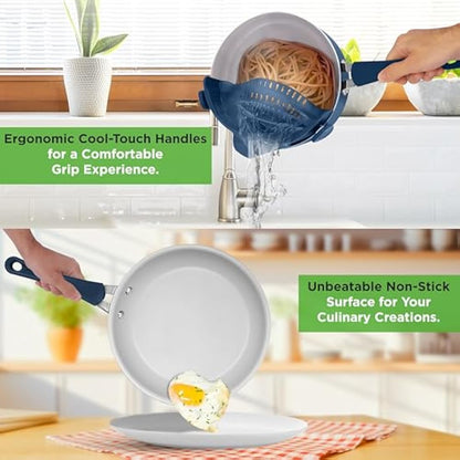 Nutrichef 20 Piece Pots and Pans Set, Bakeware and Cookware Set, Induction Hob Pots Set w/Lids, Non Stick Set, Heat Safe Silicone Handles, Saucepan, Frying Pans, Muffin Tin, Cookie Tray, Utensil-Navy