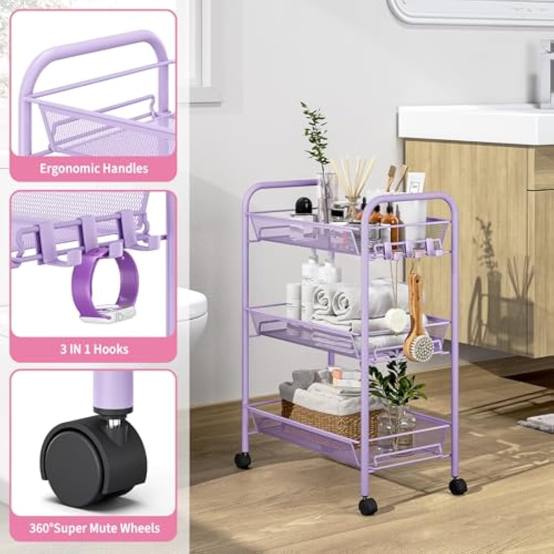 APEXCHASER 3-Tier Rolling Cart,Easy Assemble Mobile Storage Trolley On Wheels,Slide Out Utility Cart Shelving Units Kitchen Bathroom Laundry Room