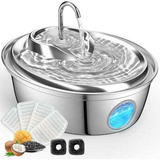 GoldenSun Cat Water Fountain, 67oz/2L Stainless Steel Pet Water Fountain Inside, Automatic Dog Drinking Fountain with Water Level Visual Window for Cats and Small Dogs