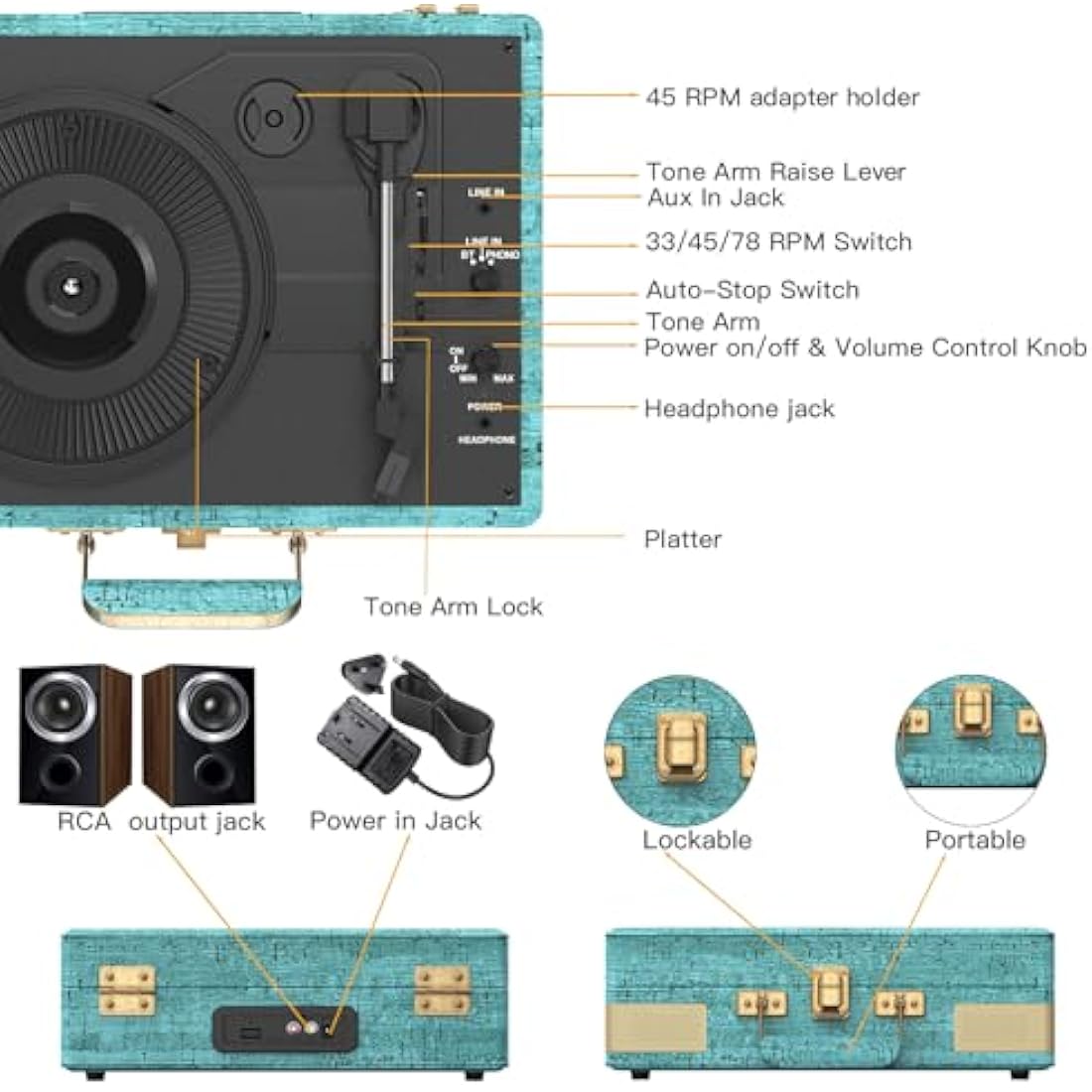 Trynnay Record Player 3 Speed Bluetooth Portable Suitcase Vinyl Player with Built-in Speakers Turntable Enhanced Audio Sound Sky Blue