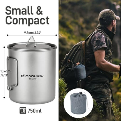 Odoland 750ML Titanium Mug, Camping Coffee Cup with Lid and Spork, Foldable Handle for Camping, Hiking, Traveling and Backpacking