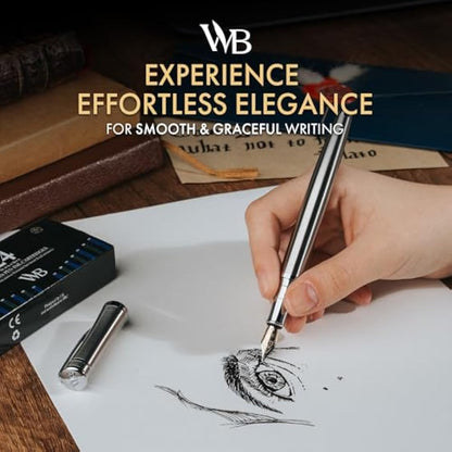 Wordsworth & Black Fountain Pen Set, Extra Fine Nib, Includes 24 Ink Cartridges and Ink Refill Converter Gift Box, Journaling,[Silver Chrome]
