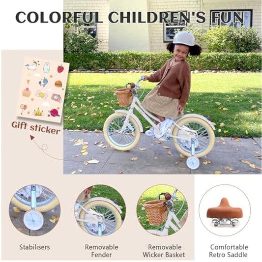 Glerc Little Molly 16 Inch Kids Retro Girls Bike for 2-13 Year Old with Wicker Basket & Stabilisers/Kickstand, Multiple Colors