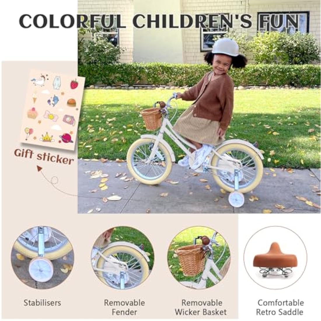 Glerc Little Molly 14 Inch Kids Retro Girls Bike for 2-13 Year Old with Wicker Basket & Stabilisers/Kickstand, Multiple Colors