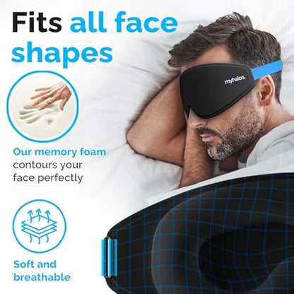 MyHalos® 100% Blackout Sleep Masks for Women & Men - Zero Eye Pressure Eye Mask for Sleeping -Our Halo Sleep Mask Includes a Storage Pouch- Black Eye Mask for Travel or Blindfold