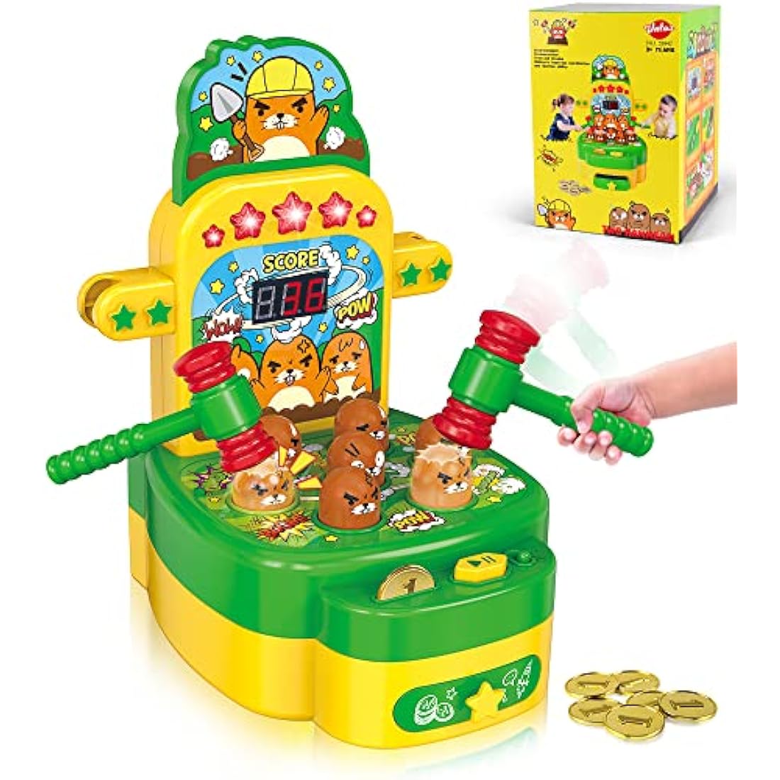 VATOS Whack Game Toy with Mole,Mini Electronic Arcade Pounding Bench Coin game with 2 Hammers Toy,Interactive Educational Developmental Game for Toddlers Kids Girls and Boys Age 3 4 5 6 Years Old