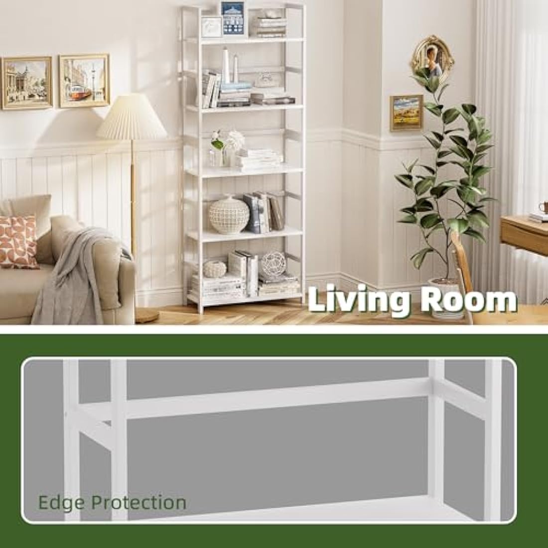 vovala 5-Tier Bookshelf, Industrial Bookcase with Bamboo Frame, Modern Display Standing Shelf Unit, Tall Wood Storage Organizer for Living Room, Home Office, White