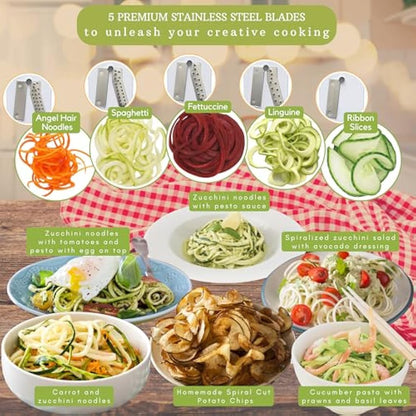 Brieftons 5-Blade Vegetable Spiralizer: Strongest-Heaviest Spiral Slicer, Best Veggie Pasta Spaghetti Maker for Low Carb/Paleo/Gluten-Free/Vegan Meals, with Extra Blade Caddy, 4 Recipe Ebooks