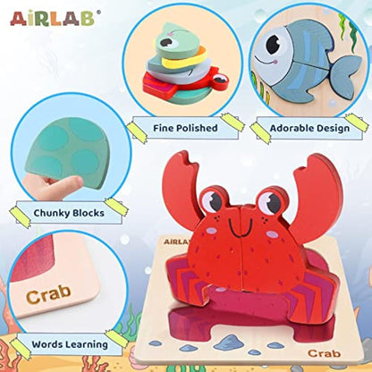 Airlab Montessori Toys for 1 2 3 Year Old Girls Boys, Wooden Jigsaw Baby Chunky Shape Puzzles, Fine Motor Skills Sensory Learning & Educational Travel Toys, First 1st Birthday Gifts
