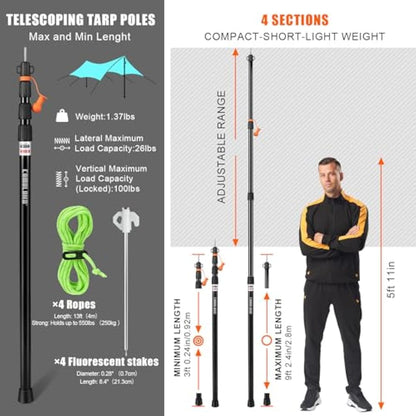 CAMULAND Heavy Duty Tent Poles Set of 2, 34.5” - 110.2” Aluminum Tent Poles for Adjustable, Portable Replacement Telescoping Tent Poles for Camping, Hammock and Awning-4 Section