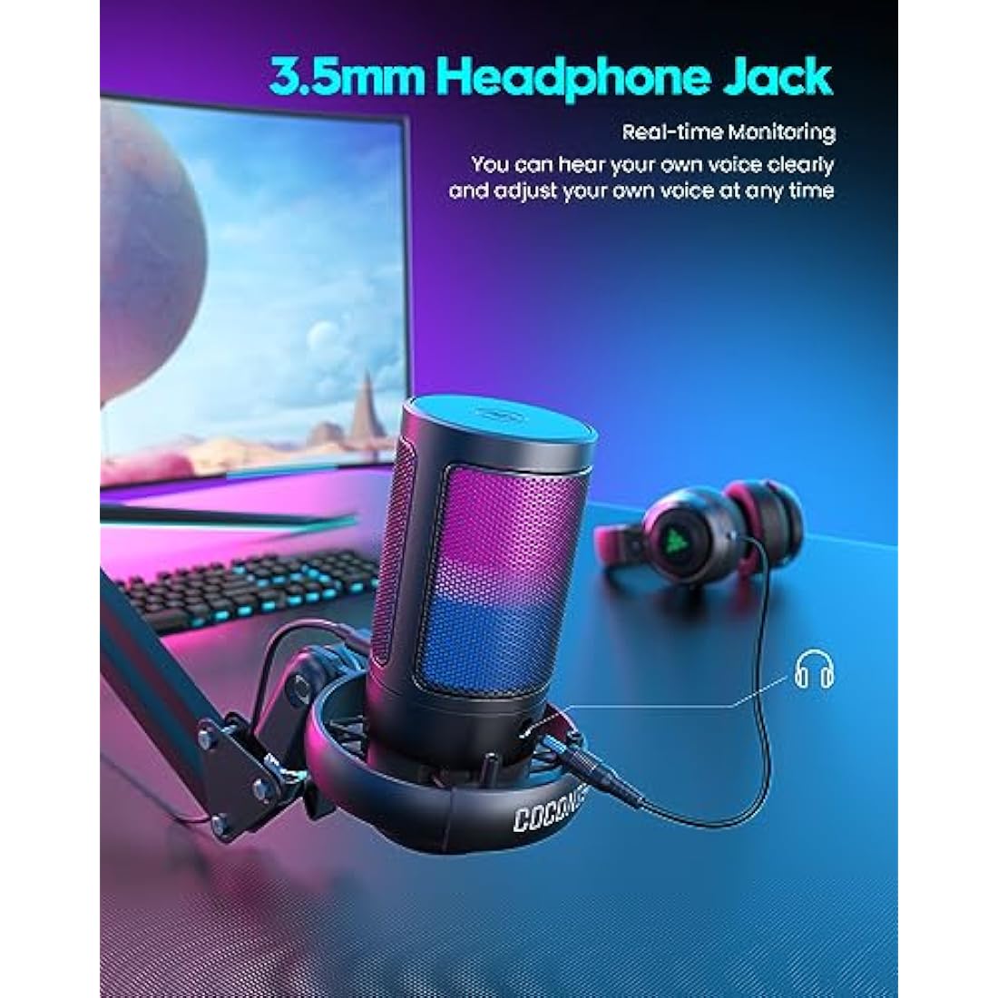 Gaming PC USB Microphone for PC with Boom Arm, USB PC Mic for Podcasts Videos, Streaming, Condenser Mic with Quick Mute, RGB Indicator,Shock Mount,Rotate gain button, Compatible with PS4/5/PC