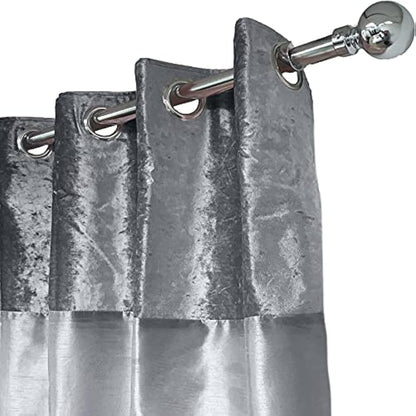 Sienna PAIR of Crushed Velvet Band Curtains Fully Lined Eyelet Ring Top Faux Silk Window Treatment Panels - Silver Grey, Width 66" x Drop 90"