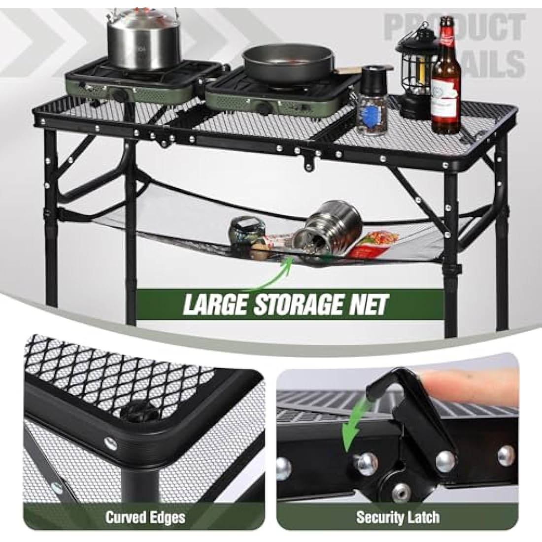 REDCAMP 2.8ft Folding Camping Table for Outside, Lightweight Aluminum Portable Folding Table for Cooking BBQ, Metal Grill BBQ Table Easy to Assemble with Adjustable Heights Legs,Black 87cm x 40cm