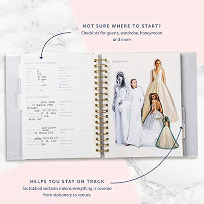Busy B Wedding Planner - Beautiful white & gold spiral-bound wedding organiser with 6 tabbed sections and storage pockets. Perfect engagement gift.