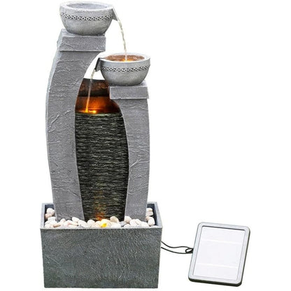 Teamson Home Solar Powered Water Feature, Indoor or Outdoor Garden Water Fountain, Indoor Waterfall with Battery Back Up and LED Lights, 3 Tier, Grey