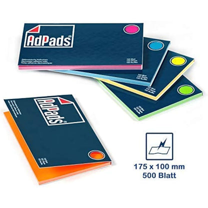 AdPads® Electrostatic Self-Adhesive Presentation Cards, 175 x 100 mm, 500 Sheets, Colourful, Large Static Sticky Notes, Movable and Slidable on Any Surface