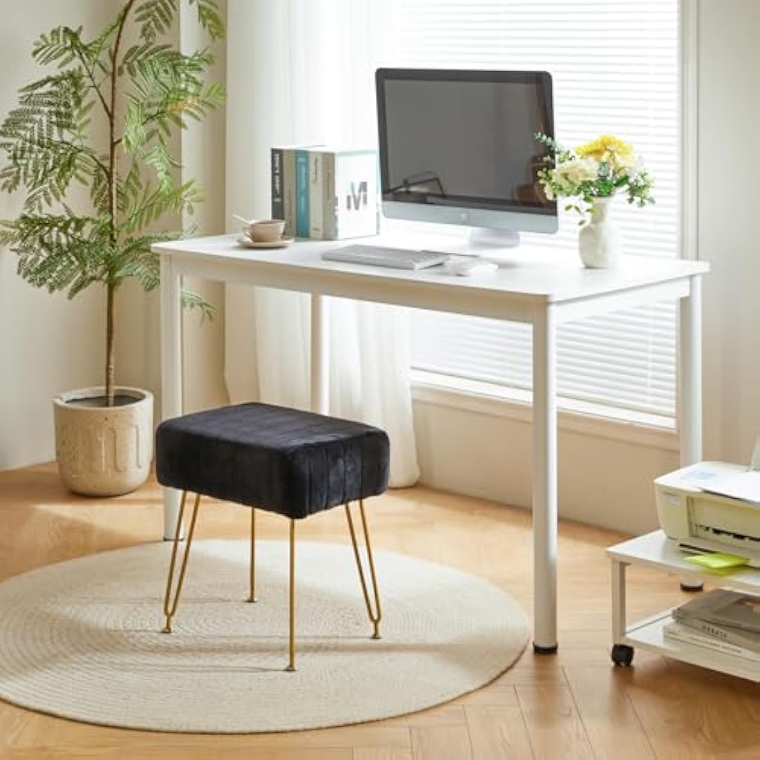 IBUYKE Velvet Rectangular Footrest Ottoman, Makeup Vanity Stool Side Table, Dressing Table Seat, Pouf Couch Stool, Golden Steel Legs, Black L/G-51B