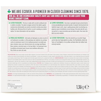Ecover All in One Dishwasher Tablets, Contains Salt & Rinse Aid, Powerful Cleaning, Fresh Lemon & Mandarin Scent, Pack of 1, 68 Tablets