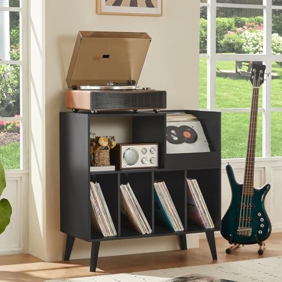 Large Record Stand With Storage and Shelf - Vinyl Holder With Presentation Surface for Up to 300 Albums - Music Room and Living Room Storage Solution