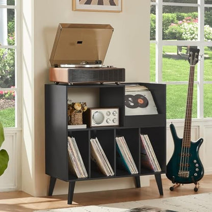 Large Record Stand With Storage and Shelf - Vinyl Holder With Presentation Surface for Up to 300 Albums - Music Room and Living Room Storage Solution