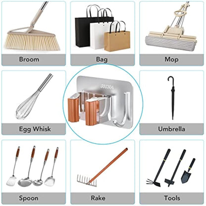 homeasy Mop Broom Holder, 4 Pcs Stainless Steel Self Adhesive Mop Holder Wall Mounted with Hooks Hanger Self-Adhesive Broom Holder (Orange)