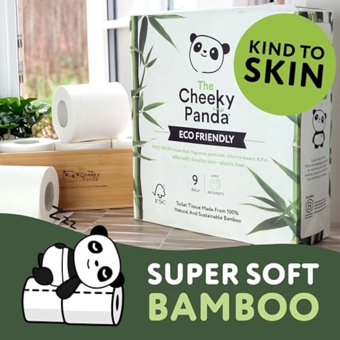 The Cheeky Panda Bamboo Toilet Paper – 9 Rolls of Toilet Paper | Plastic Free Packaging and Sustainable Toilet Tissue | 100% Compostable