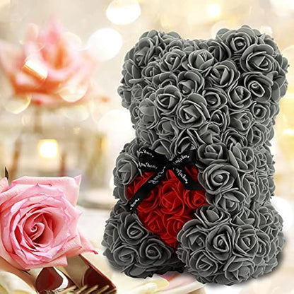 Gifts for Women，Birthday Gifts ，Rose Flower Bear-Hand Made Rose Teddy Bear,Best Artificial Decoration Gifts for mom, Gifts for Girls,Unique Gifts,The Perfect Party Clear Gift Box (Gray)