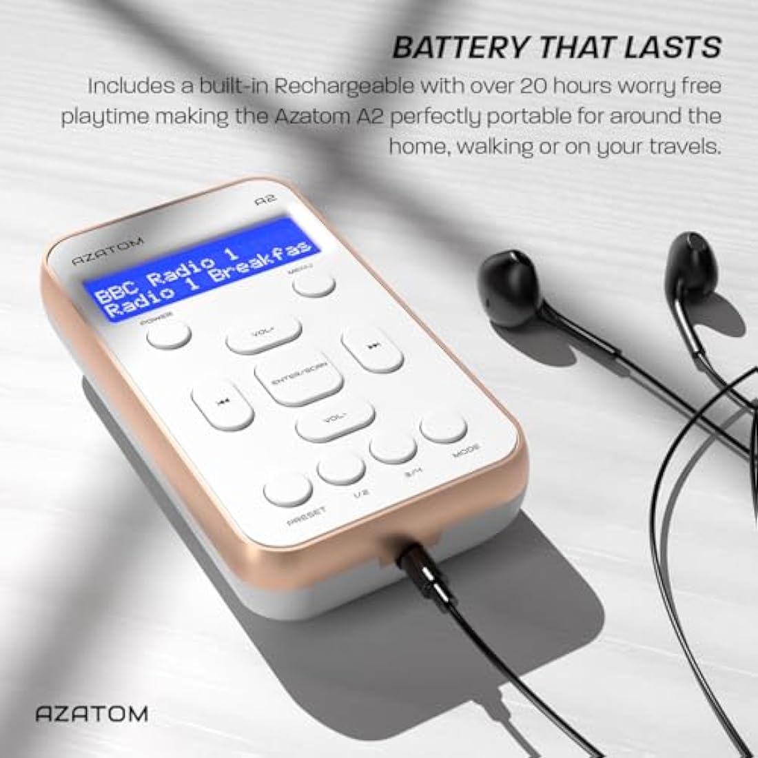 Portable DAB/DAB+ & FM Digital Radio | Sports Earphones Included | Clear Digital Display | Rechargeable Battery (10-12 Hours) | Perfect for Sports, Hiking or Working | AZATOM A2 (White/Rose Gold)
