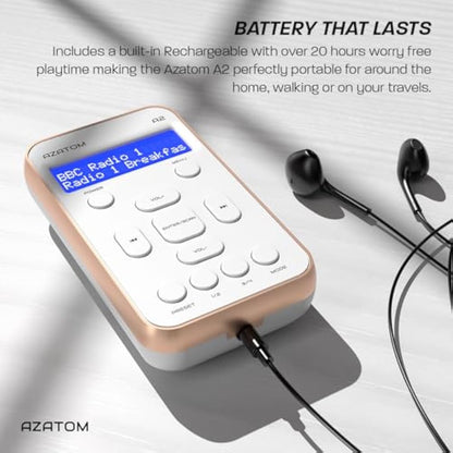 Portable DAB/DAB+ & FM Digital Radio | Sports Earphones Included | Clear Digital Display | Rechargeable Battery (10-12 Hours) | Perfect for Sports, Hiking or Working | AZATOM A2 (White/Rose Gold)