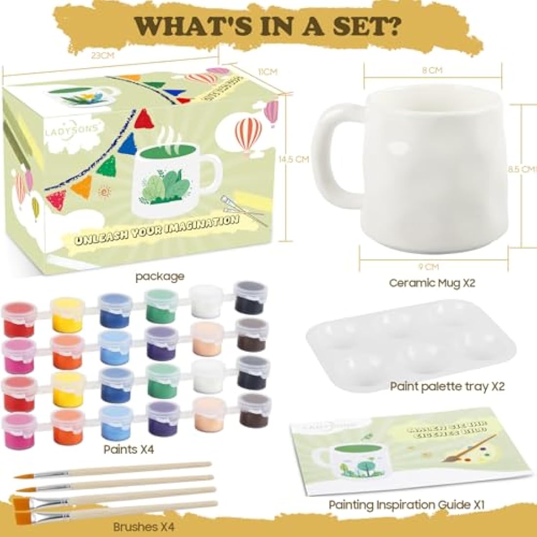 Paint Your Own Mug Set, Pottery Painting Kit for Adults, Art and Crafts Kit Includes Mugs, Brushes, Paints and Painting Inspiration Guide, Personalised Gift for All（2 Pack）