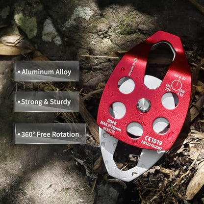 NewDoar 30KN Single/Double Pulley CE Certified Large Rescue Pulley for Diameter Max 16mm Rope Single/Double Sheave with Swing Plate for Rescue Hauling Arborist Tree Climbing