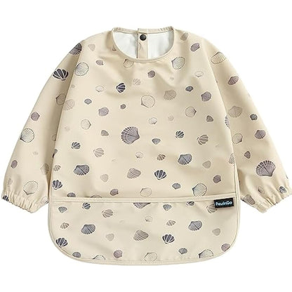 PewinGo Weaning Bib with Long Sleeves & BLW, Soft and Skin-Friendly Material, Coverall Bibs for Baby Feeding, Waterproof and Easy to Clean & Machine Washable,for Baby Infant Toddlers (Beige)