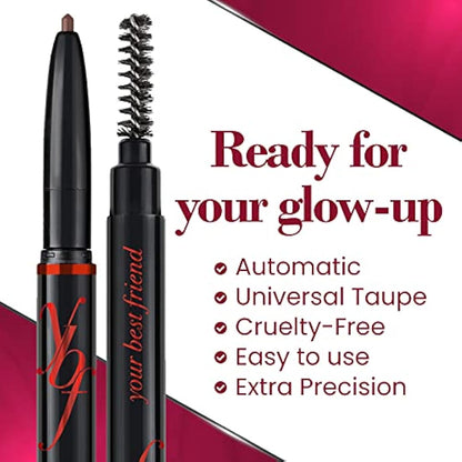 ybf Beauty Universal Automatic Eyebrow Pencil Duo - For All Natural Hair Colors & Skin Tones - Dual-Ended Brow Pencil With Spoolie Brush - Paraben-Free and Cruelty-Free - Taupe - 2 x 0.005 Oz