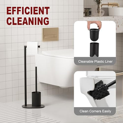 BVL Toilet Roll Holder with Toilet Brush Black, Stainless Steel Free Standing Toilet Brush, Toilet Brush and Toilet Paper Holder
