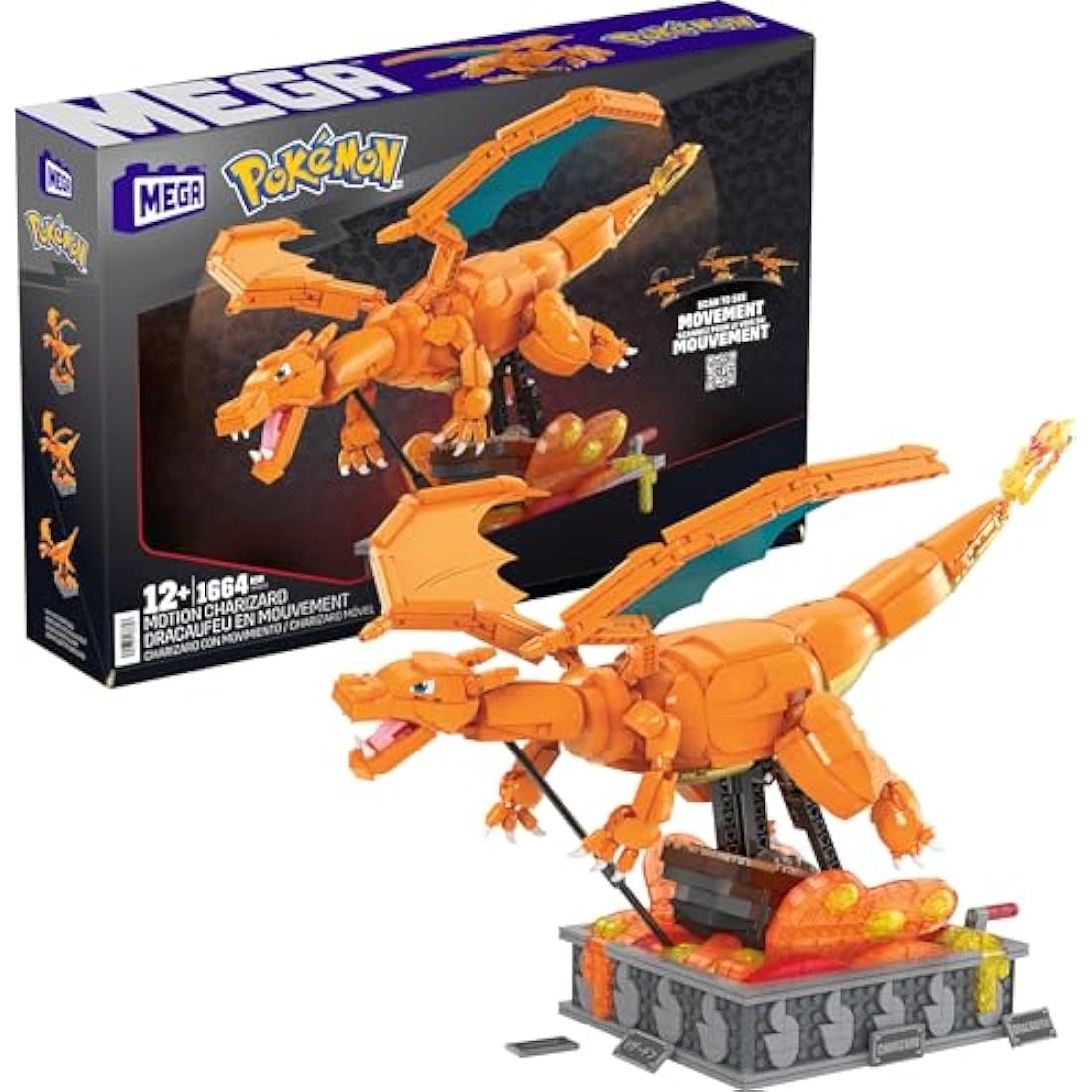 MEGA Pokémon Action Figure, Motion Charizard Pokemon, Building Toys for Kids and Adults, Collectible Character Model with 1664 Movable Pieces, 30 cm Tall, Toy for Ages 12 and Up, HMW05